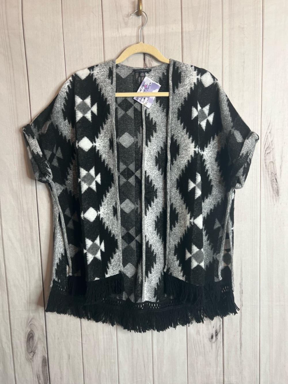 American Eagle Outfitters Black & Gray Aztec Fringe Poncho Cardigan